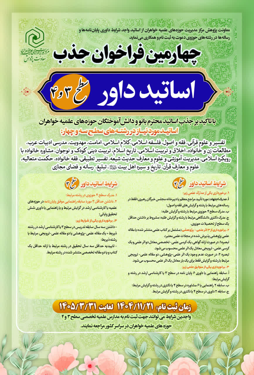 چهارمین فراخوان شناسایی و جذب اساتید راهنما، مشاور و داور پایاننامه و رسالههای علمی حوزههای خواهران